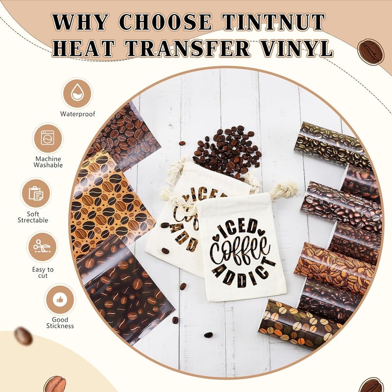 Tintnut Brown Heat Transfer Vinyl Bundle - 10 Sheets 10x12 Inch Coffee Bean Iron on Vinyl Patterned HTV DIY T-Shirt Hats Clothing for Cricut or Cameo - Image 3
